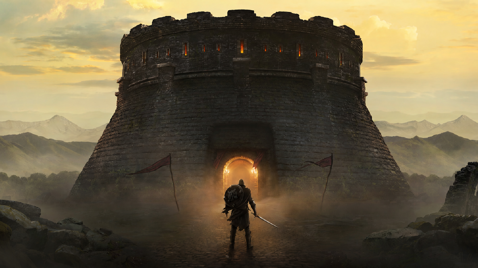 Armored warrior approaches a towering stone fortress at sunrise, with misty mountains, glowing castle gates, and a fantasy landscape stretching into the distance.
