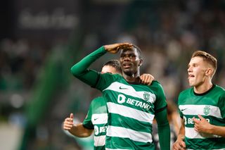 Ousmane Diomande of Sporting CP celebrates after scoring his team's third goal during the Liga Portugal Bwin match between Sporting CP and Moreirense FC at Estadio Jose Alvalade on September 17, 2023 in Lisbon, Portugal.