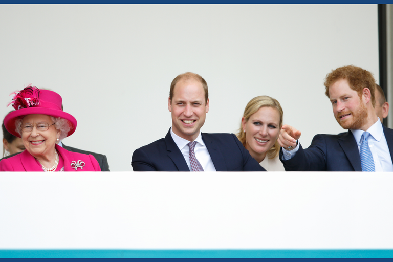Queen Elizabeth II with her grandchildren Prince William, Zara Phillips and Prince Harry