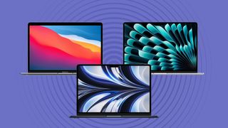 Three MacBook Air models on a purple background