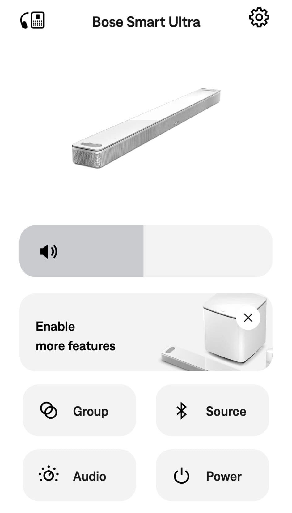 Screenshot of the main screen of the Bose app for the Bose Smart Ultra Soundbar's settings.