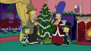 The Simpsons standing around a Christmas Tree in "O 'C'mon All Ye Faithful"