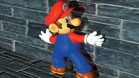 Mario moves along a brick wall in official art for Super Mario 64