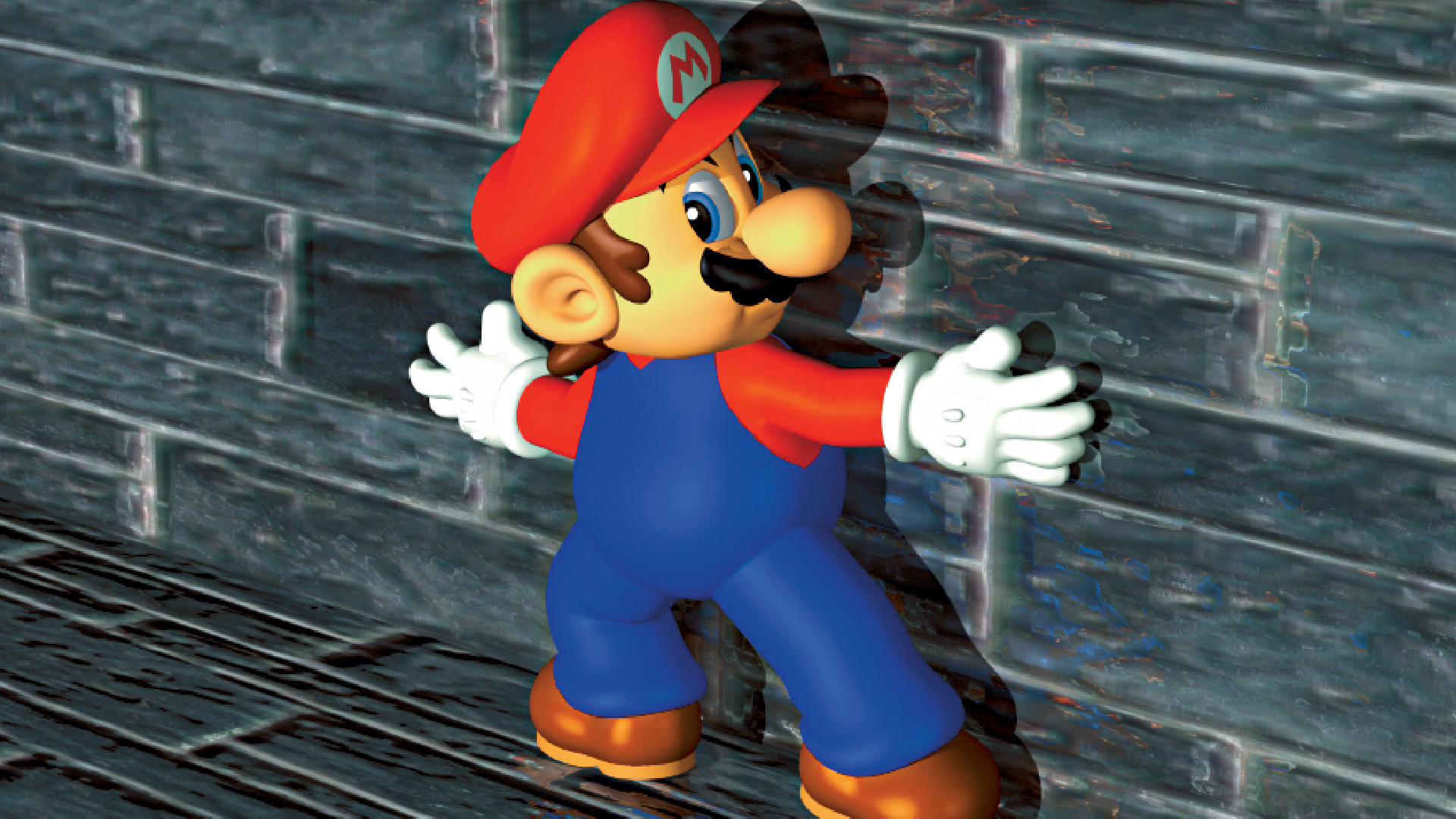 Mario moves along a brick wall in official art for Super Mario 64