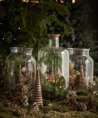 set of christmas terrariums with natural decorations