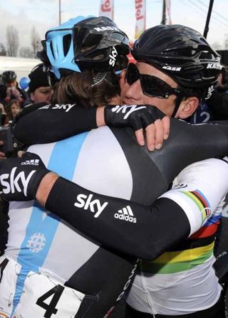 Mark Cavendish and Alex Dowsett (Sky) celebrate victory in Kuurne.