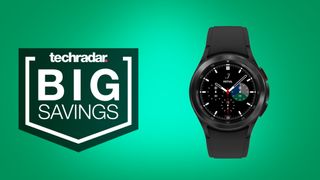 Samsung Galaxy Watch 4 on green background with big savings text overlay
