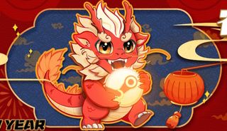 Steam Lunar New Year Sale 2024 header - cute bipedal dragon holding a lantern