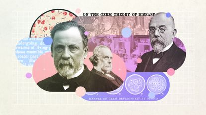 Illustration of Louis Pasteur, Joseph Lister and Robert Koch
