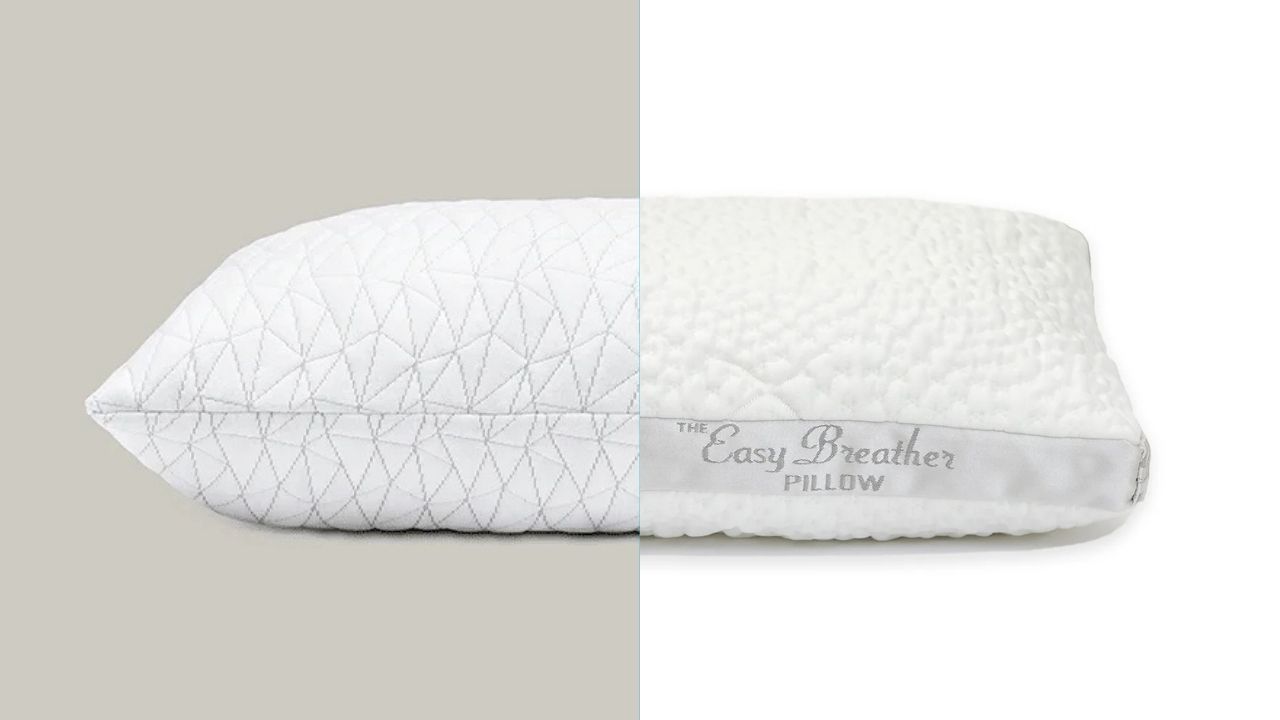 Image shows the Coop Original Adjustable Pillow on the left and and the Nest Bedding Easy Breather Pillow