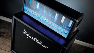 A Hughes And Kettner TubeMeister 36 electric guitar amplifier head unit (top) and speaker cabinet, photographed during a studio shoot for Guitarist Magazine/Future via Getty Images, June 18, 2012