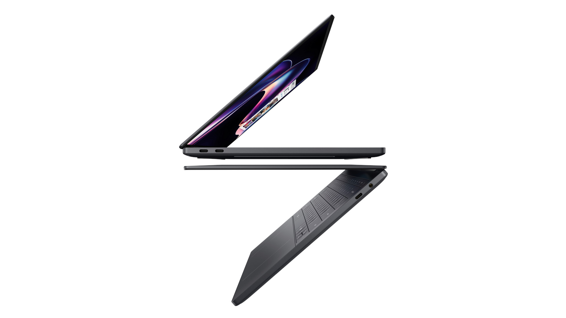 Two Dell XPS 14 laptops, one shown on top of the other, in side profile