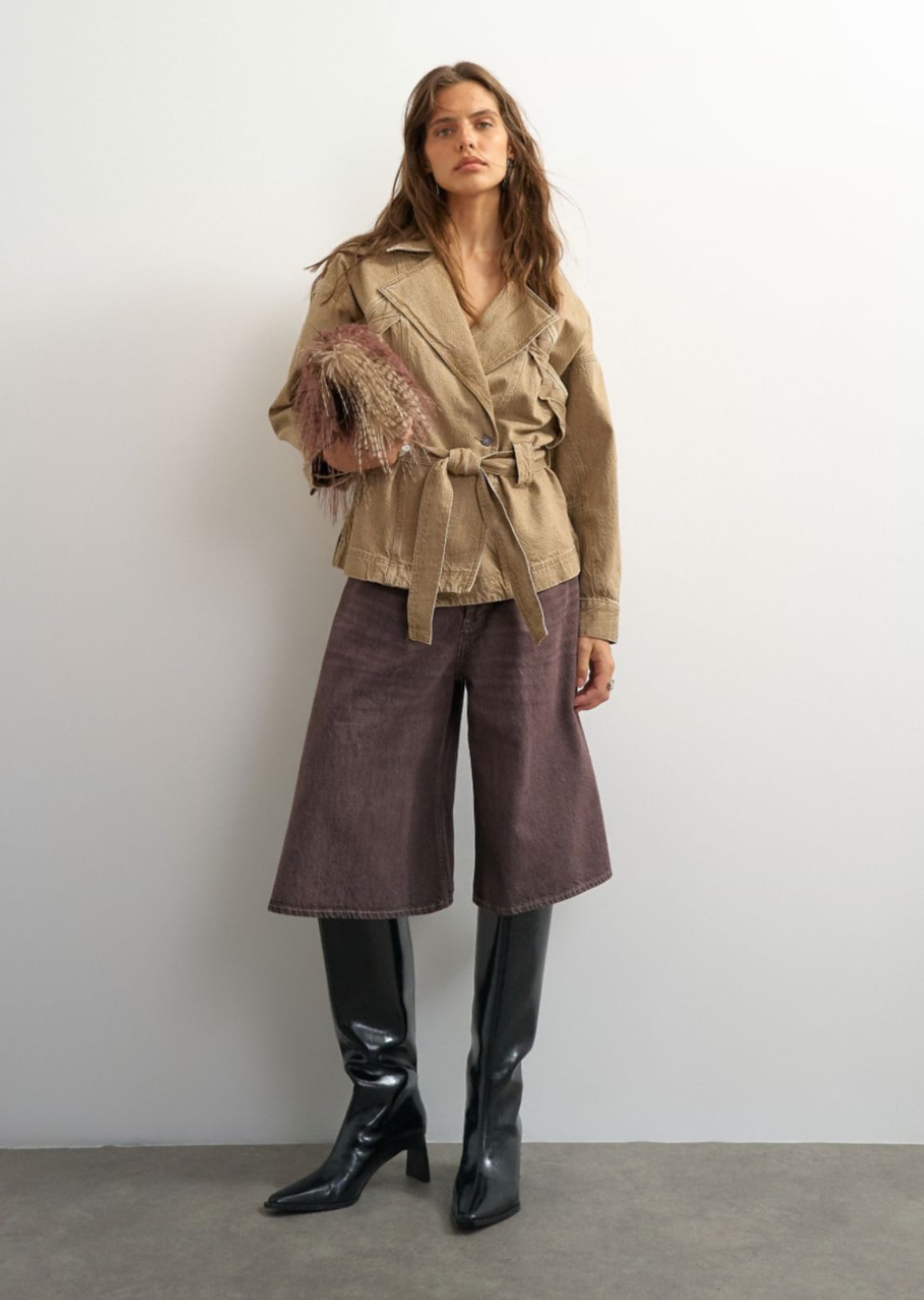Topshop X Cara denim cropped trench jacket in washed beige
