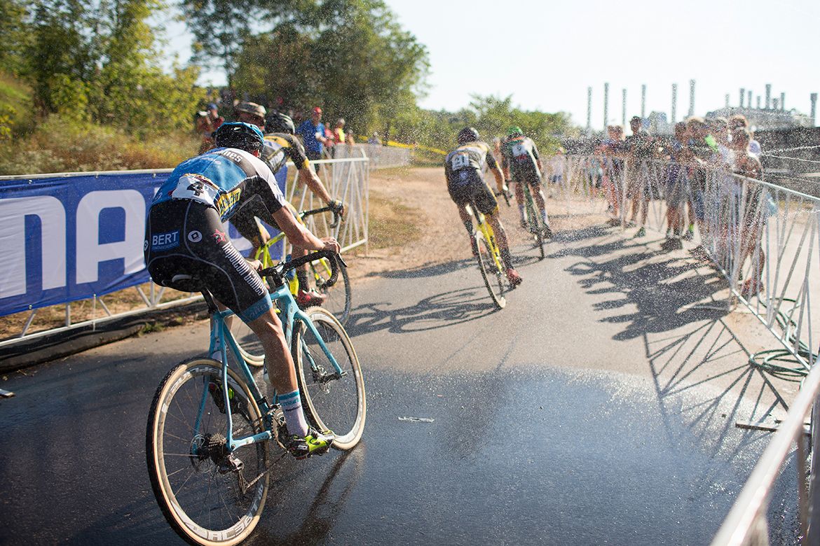 The riders get a cool down via the water spray