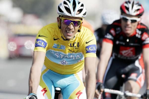 Alberto Contador (Astana) shows the effects of a hard-fought victory in the 2010 Paris-Nice
