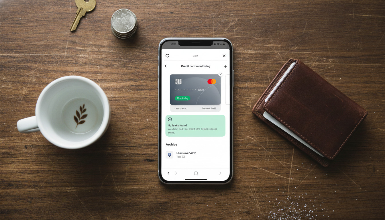 Surfshark's credit card monitoring menu on an Android phone on a desk.