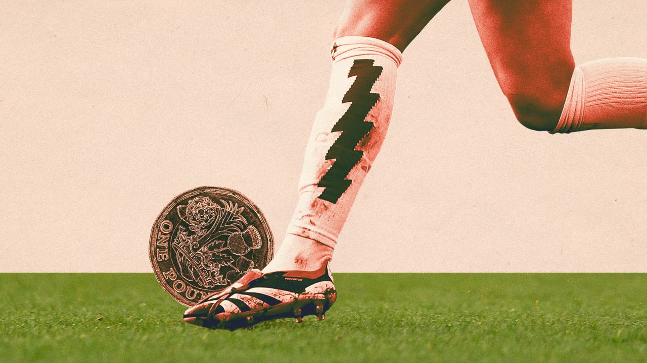 Photo collage of a female footballer&#039;s feet kicking a comically large pound coin.