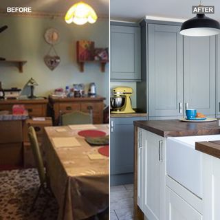 kitchen makeover with grey and white cabinets and yellow accents