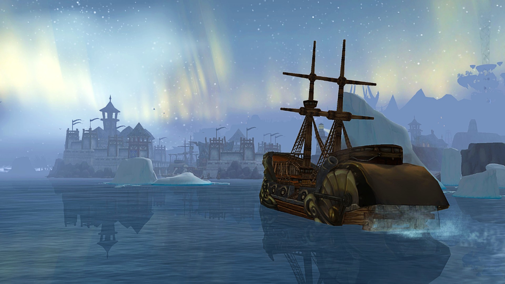 A boat glides across icy waters towards WoW Classic's WotLK expansion