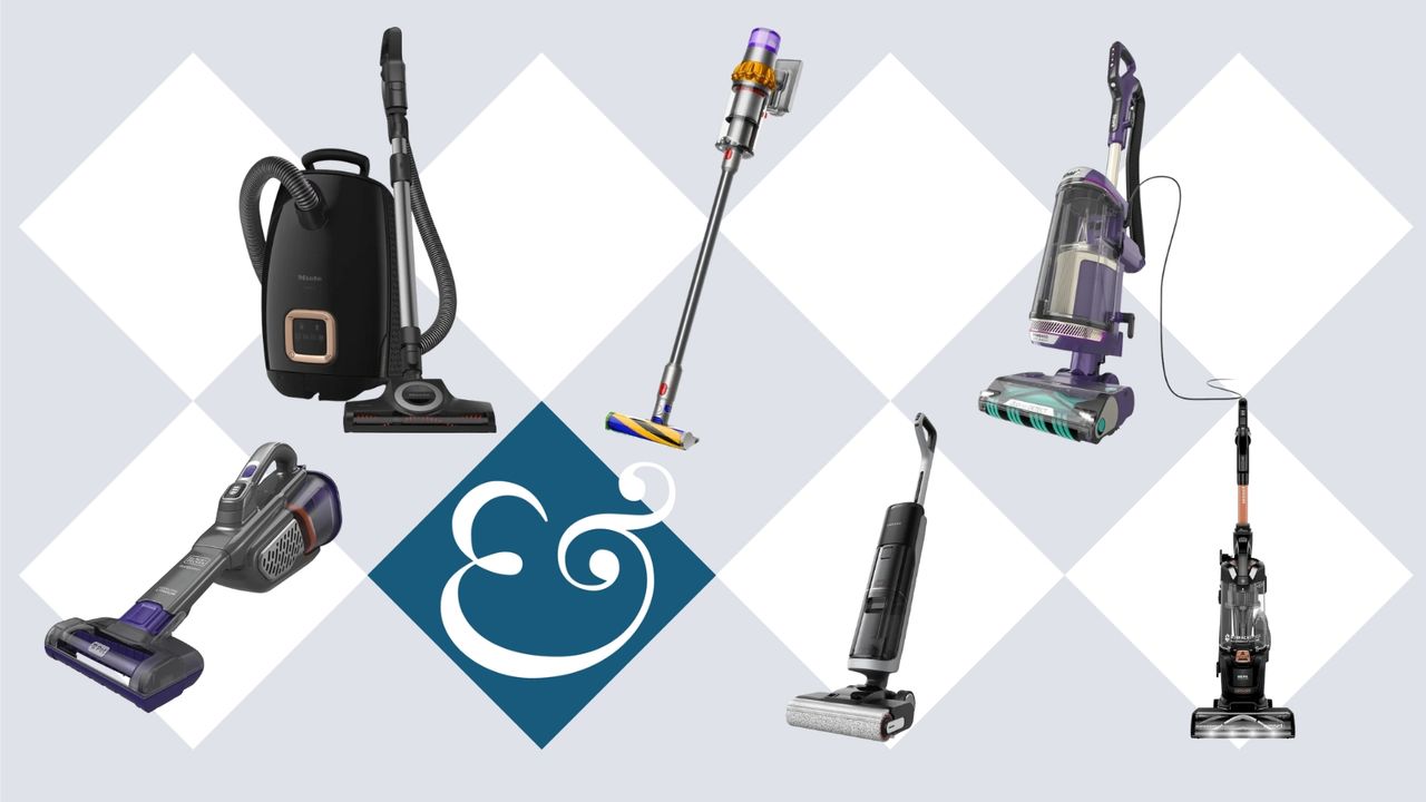 Miele, Dyson, Shark, Black and Decker, Dreame and Bissell vacuums on tile background with Homes &amp; Gardens &#039;&amp;&#039; logo.