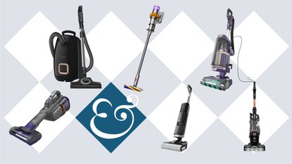 Miele, Dyson, Shark, Black and Decker, Dreame and Bissell vacuums on tile background with Homes & Gardens '&' logo.