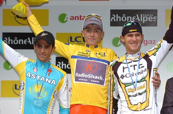 The 2010 Crit&eacute;rium du Dauphin&eacute; podium (l-r): Alberto Contador, 2nd; Janez Brajkovic, 1st; Tejay Van Garderen, 3rd.