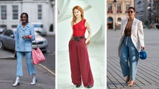 Street style influencers showing shoes to wear with wide leg trousers chunky heels