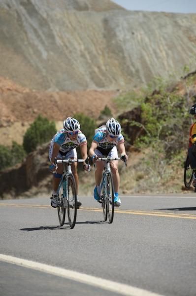 Andrea Dvorak (Colavita-Baci) and team-mate Carman Small pass the Santa Rita Mine.