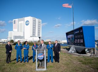 NASA Administrator Jim Bridenstine, NASA Deputy Administrator Jim Morhard, Kennedy Space Center Director Bob Cabana, and NASA Astronauts Josh Cassada and Suni Williams, who are assigned to Boeing’s first operation flight of Starliner, and NASA astronauts Nicole Mann, Michael Fincke, and Boeing astronaut Chris Ferguson, who are assigned to Boeing’s Crew Flight Test, are seen during a press conference ahead of the Boeing Orbital Flight Test mission, Thursday, Dec. 19, 2019 at NASA’s Kennedy Space Center in Florida.