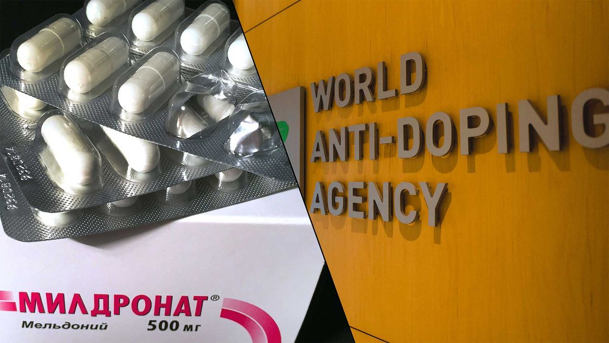 A packet of Meldonium tablets and the office of the World Anti-Doping Agency.