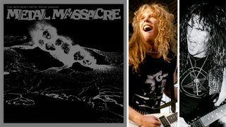 The cover of Metal Massacre next to photos of James Hetfield and Kerry King