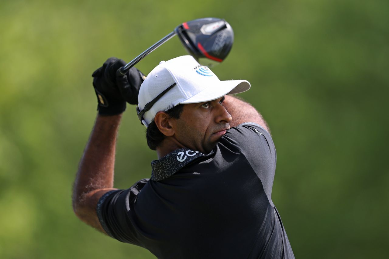 Aaron Rai plays his shot from the second tee during the final round of the PGA Championship at Aronimink Golf Club