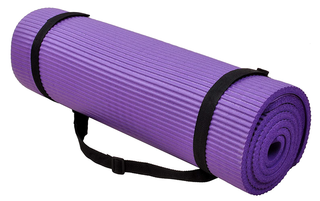 A purple rolled up exercise mat.