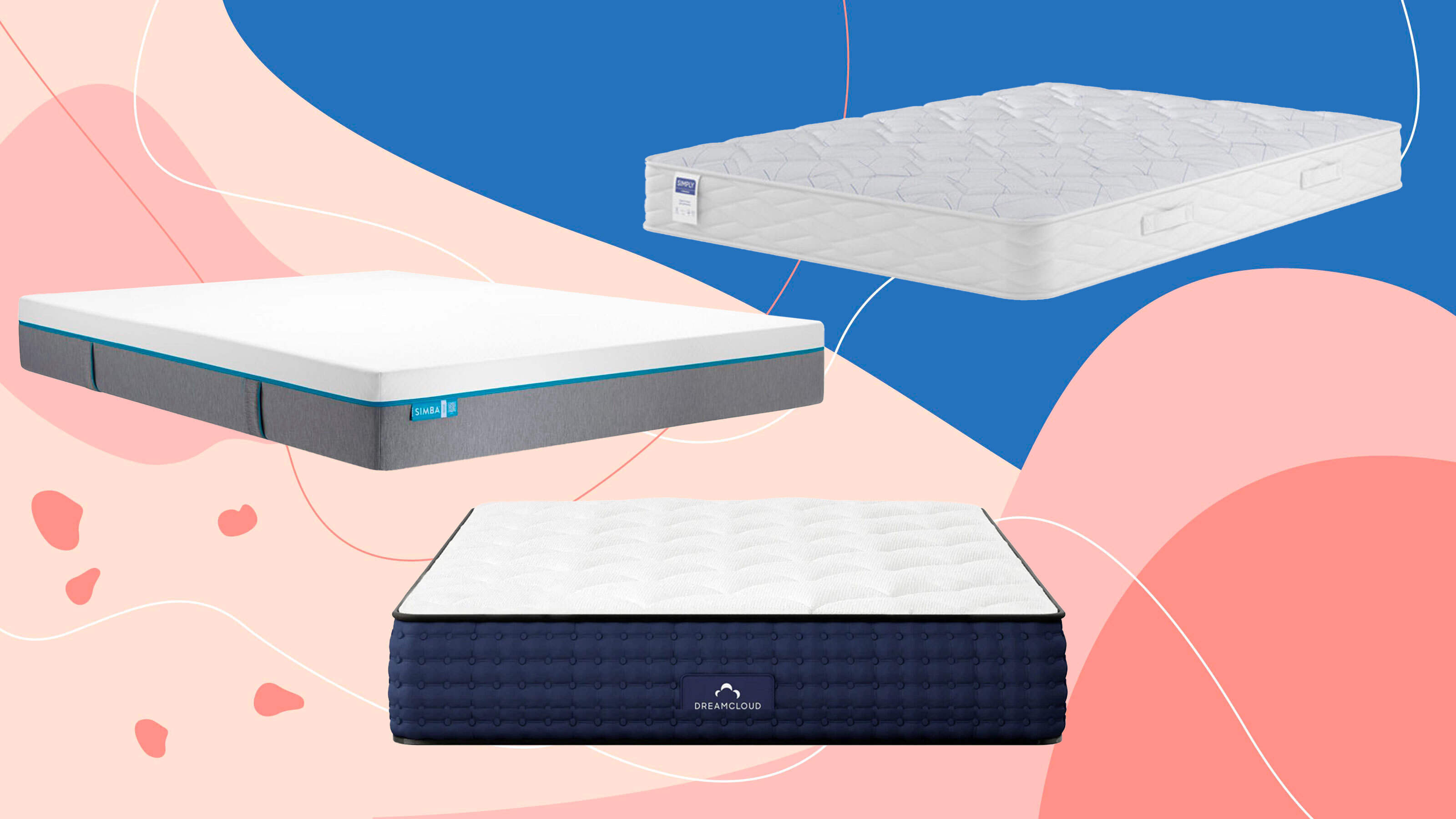 Three of the best budget mattresses under &pound;500 on a pink and blue background