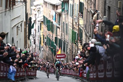 SIENA, ITALY - MARCH 07: Paul Seixas of France and Team Decathlon CMA CGM competes in the chase group during the 20th Strade Bianche 2026 a 203km one day race from Siena to Siena / #UCIWT / on March 07, 2026 in Siena, Italy. (Photo by Luc Claessen/Getty Images)