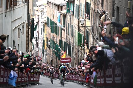 SIENA, ITALY - MARCH 07: Paul Seixas of France and Team Decathlon CMA CGM competes in the chase group during the 20th Strade Bianche 2026 a 203km one day race from Siena to Siena / #UCIWT / on March 07, 2026 in Siena, Italy. (Photo by Luc Claessen/Getty Images)