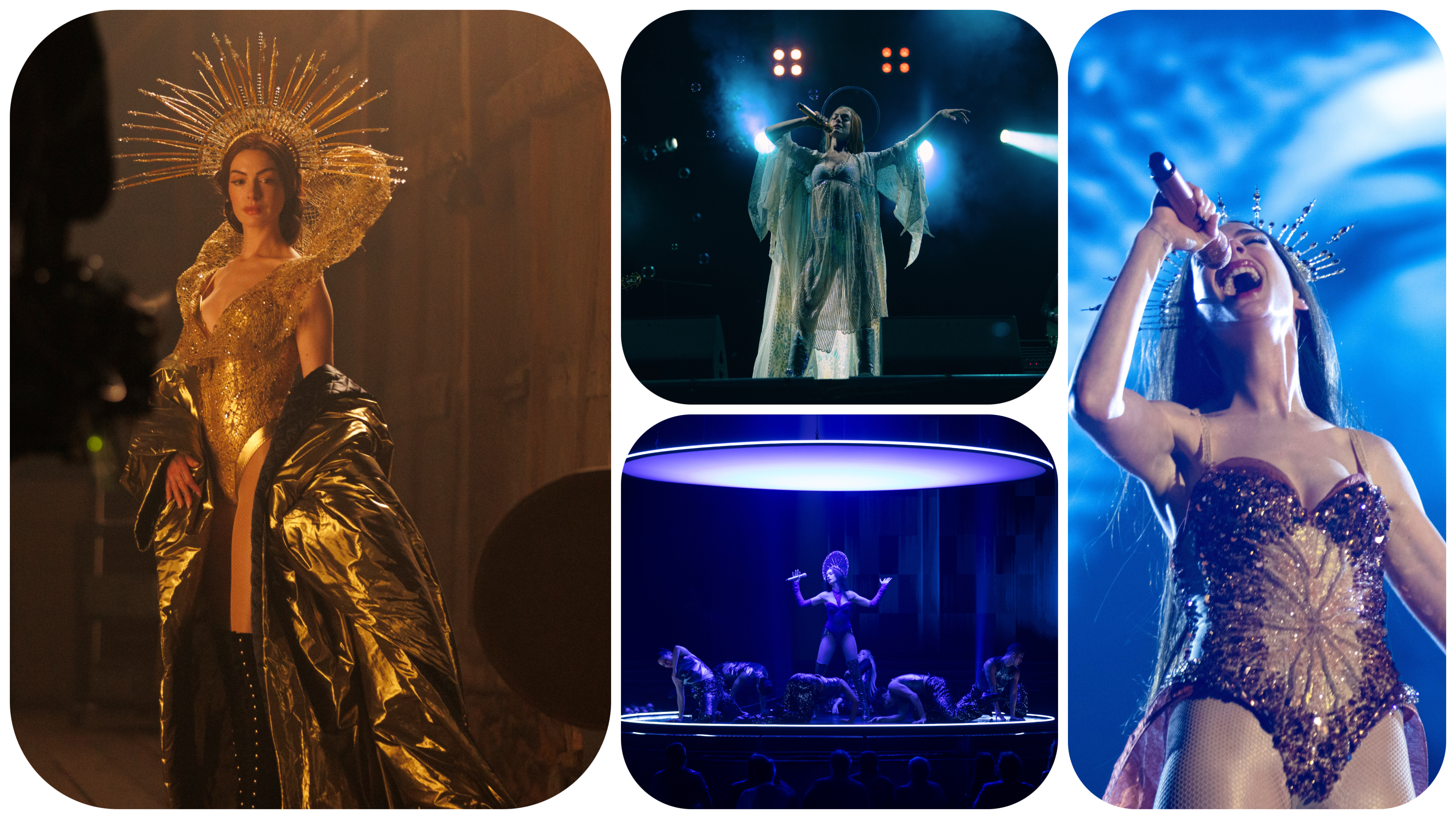 a collage of still from the movie 'Mother Mary' of Anne Hathaway wearing bedazzled body suits and halo headpieces 