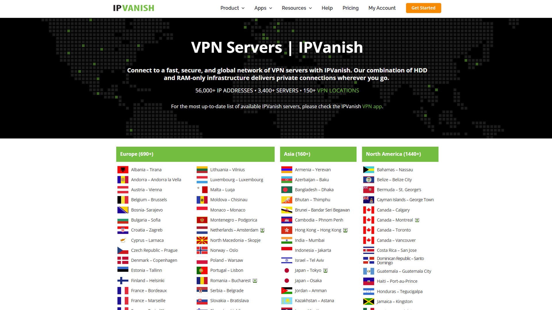 List of VPN server locations offered by IPVanish.