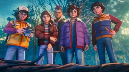 Dustin, Will, Nikki, Eleven, and Mike looking at a giant tree branch in Stranger Things: Tales From 85 season 1