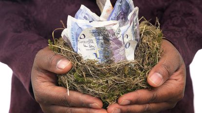 Hands holding money in a bird's nest