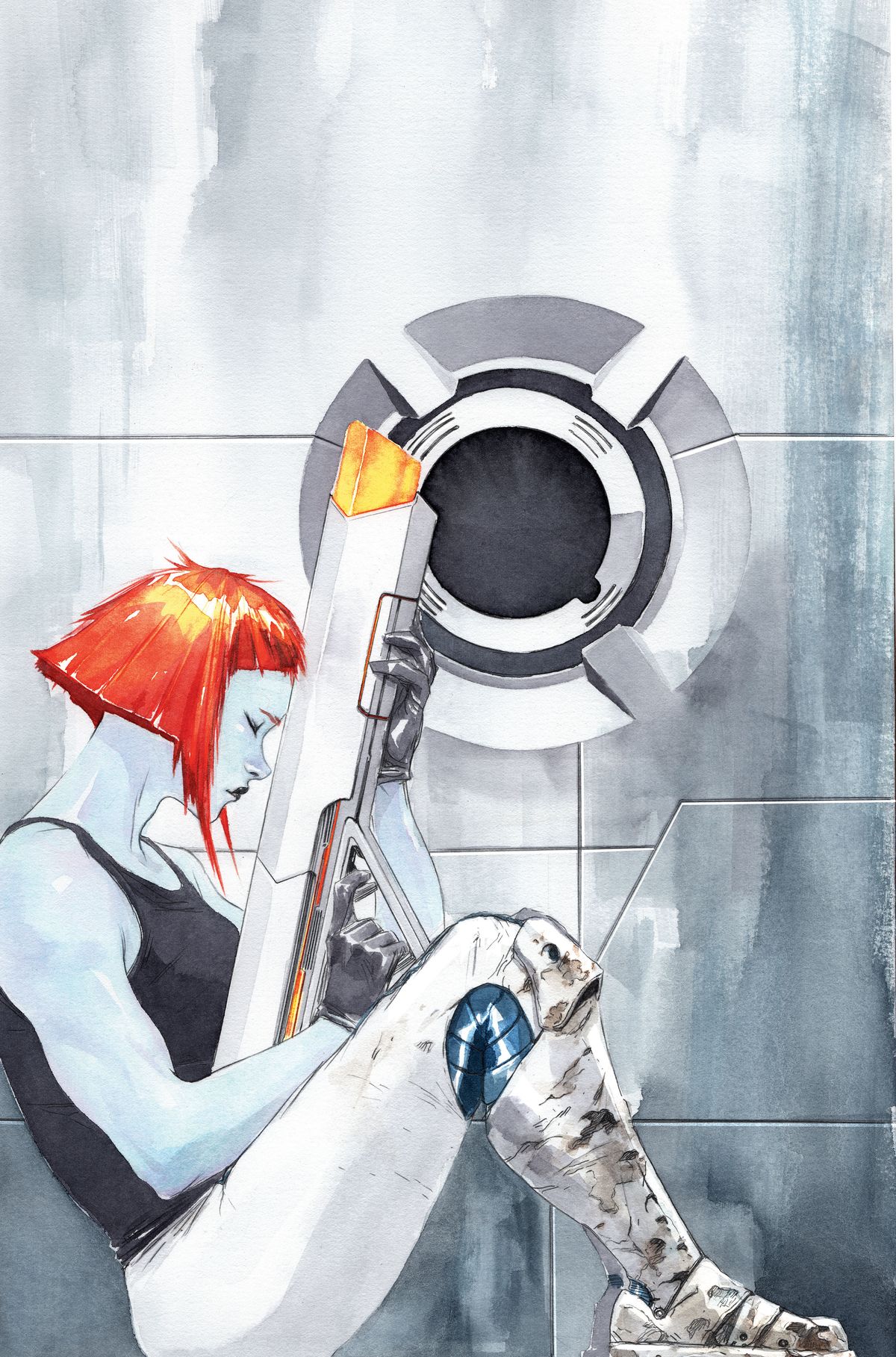 Watercolour painting of a futuristic woman sitting holding a gun