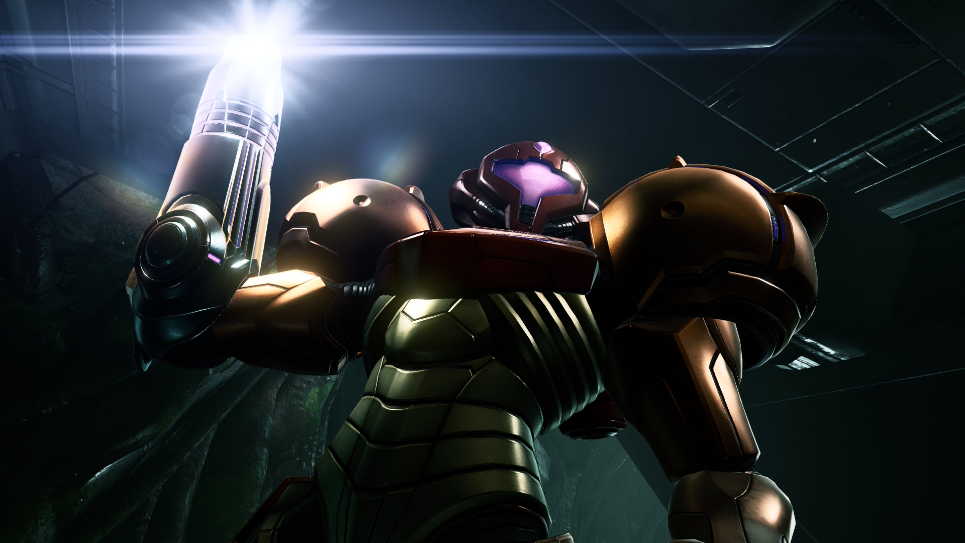 Samus poses with her battle armor missile in the air in Metroid Prime 4: Beyond