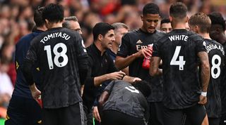 Arsenal manager Mikel Arteta gives instructions to his players during a break for drinks in the Premier League game at Southampton.