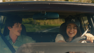 Logan Lerman and Molly Gordon in the car in Oh, Hi!