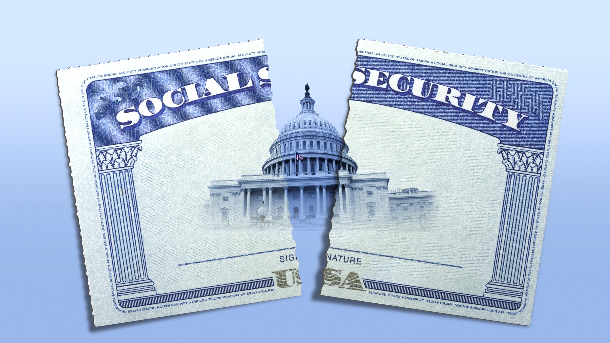 A Social Security card cut in half with the United States Capitol building on it.