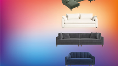 a collage of wayfair couches on a colorful background