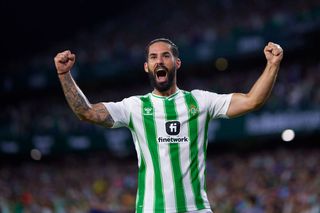 Isco Alarcon of Real Betis celebrates during the LaLiga EA Sports match between Real Betis and Rayo Vallecano at Estadio Benito Villamarin on September 02, 2023 in Seville, Spain.
