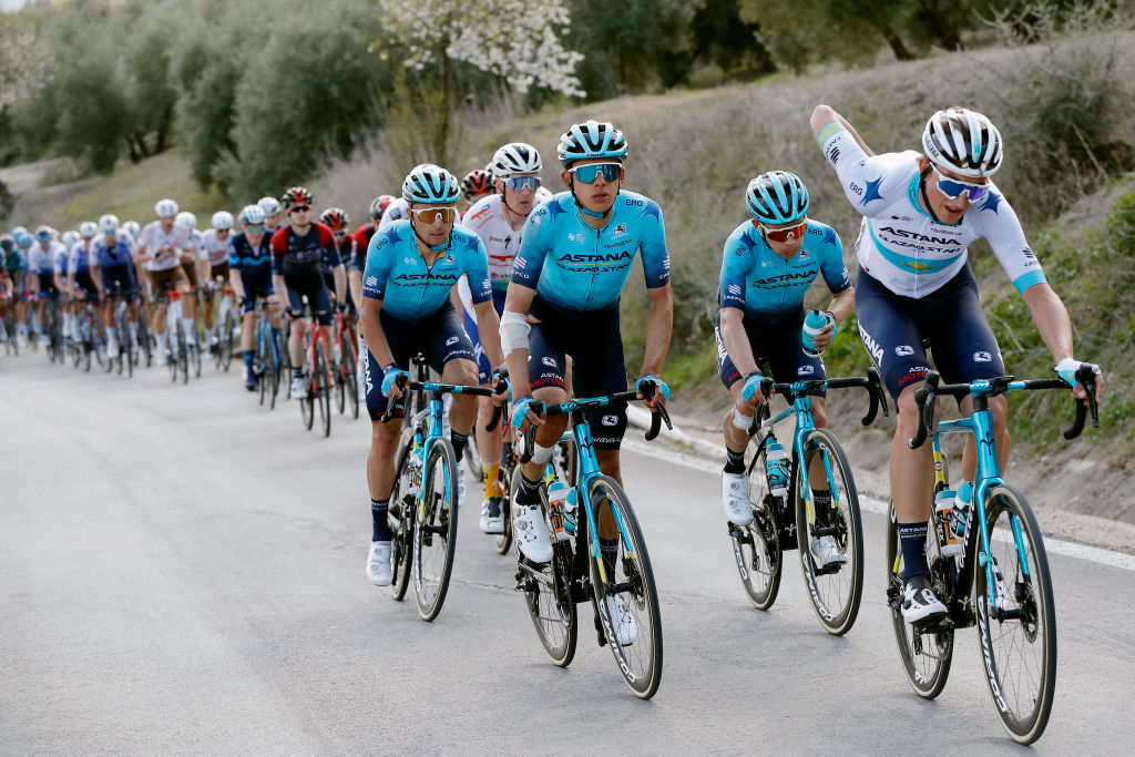CHICLANA DE SEGURA SPAIN FEBRUARY 20 LR Harold Tejada Canacue of Colombia and Yevgeniy Fedorov of Kazahkstan and Team Astana Qazaqstan compete during the 68th Vuelta A Andalucia Ruta Del Sol 2022 Stage 5 a 1644km stage from Huesa to Chiclana De Segura 870m 68RdS on February 20 2022 in Chiclana De Segura Spain Photo by Bas CzerwinskiGetty Images
