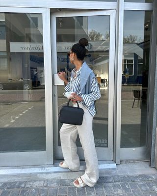 Striped Button Down + Relaxed Trousers + Sandals