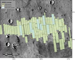 Map showing the footprints of images taken by the HiRISE camera on NASA's Mars Reconnaissance Orbiter as part of advance analysis of the area where NASA's InSight mission will land in 2018. The final planned image of the set will fill in the yellow-outlined rectangle on March 30, 2017.